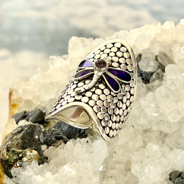 RR 15600 PRP-(HANDMADE 925 BALI STERLING SILVER DRAGONFLY RINGS WITH AMETHYST)